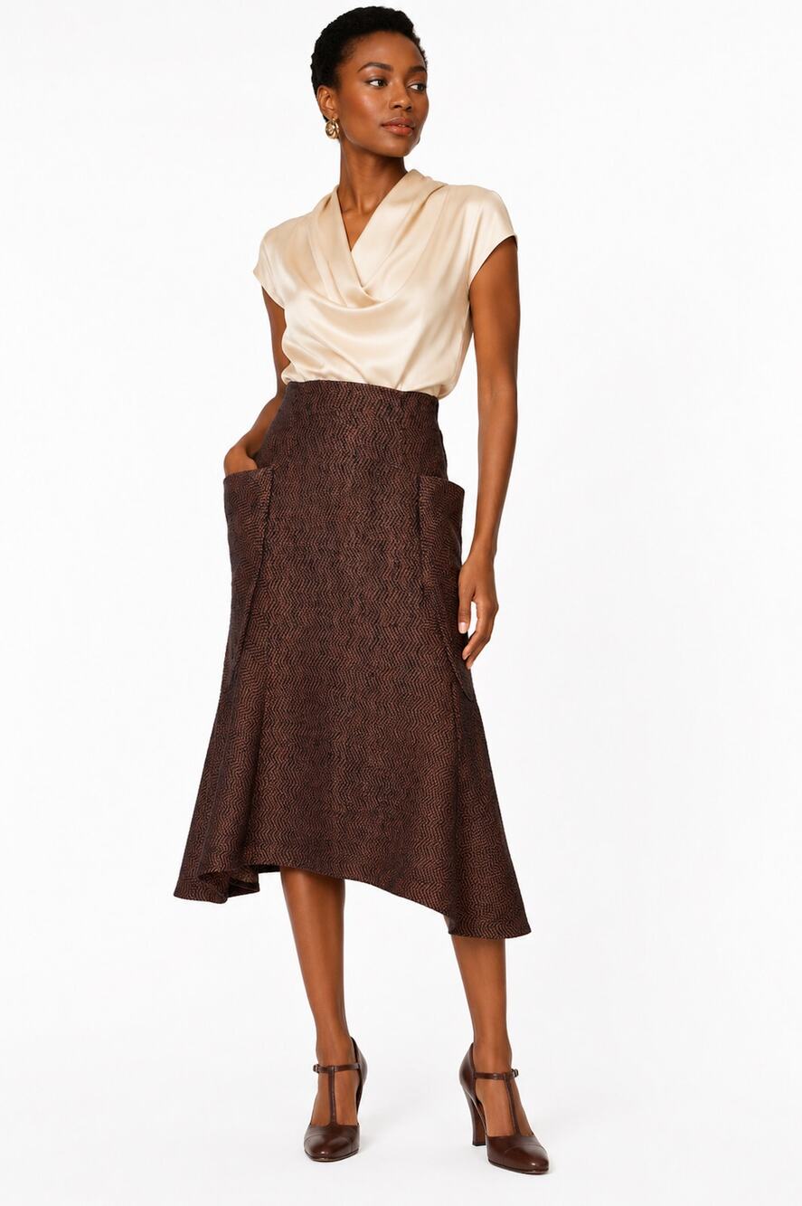 Vintage 1940s Ribbon Weave Skirt Sculptural Pocket Brown Black 27W Handmade